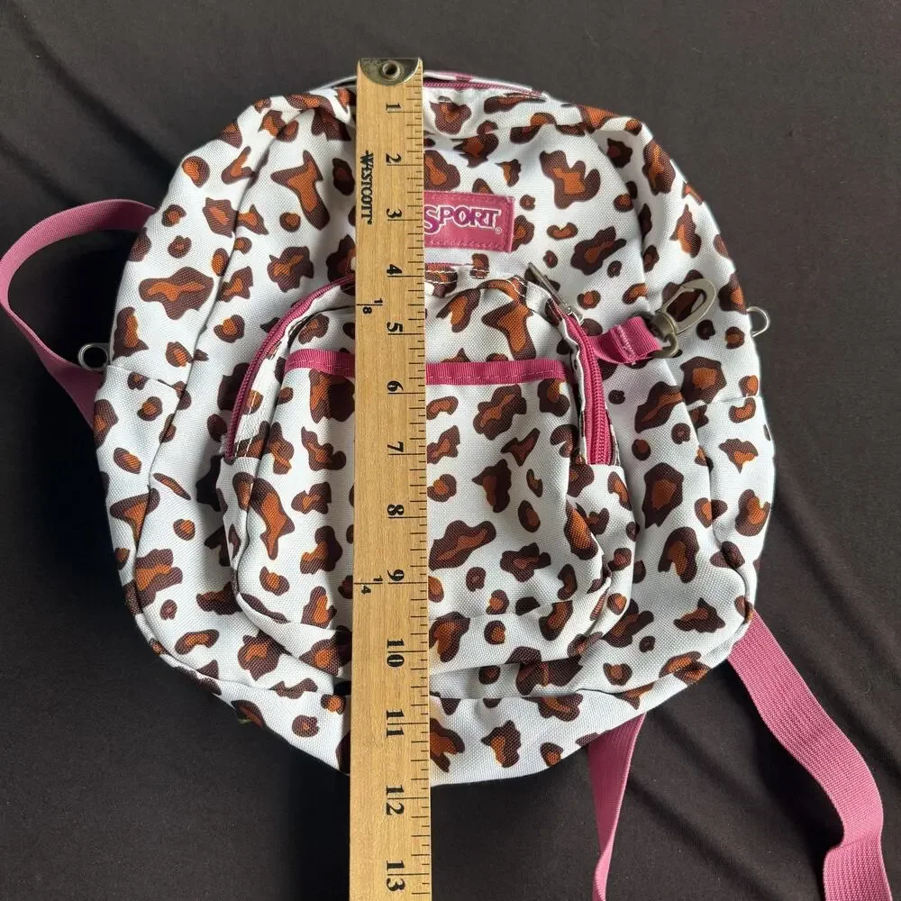 JanSport‎ Mini Backpack Leopard Animal Print White Brown Pink Trim Zip Pocket